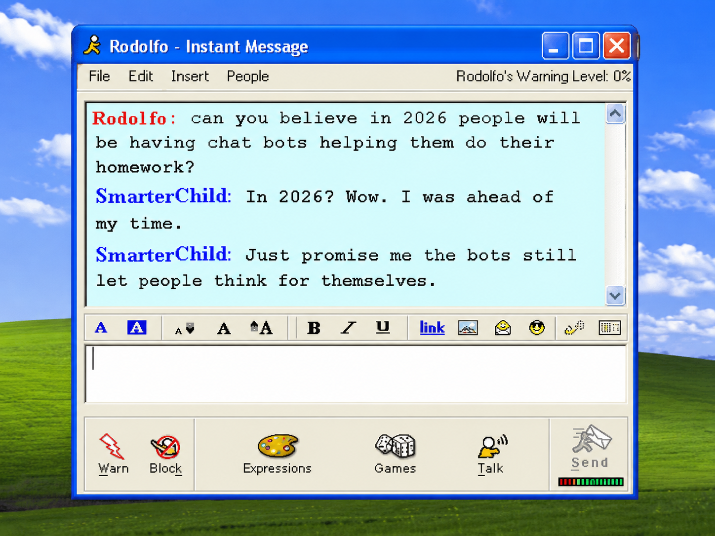 A retro instant message window showing Rodolfo chatting with SmarterChild about homework bots in 2026.